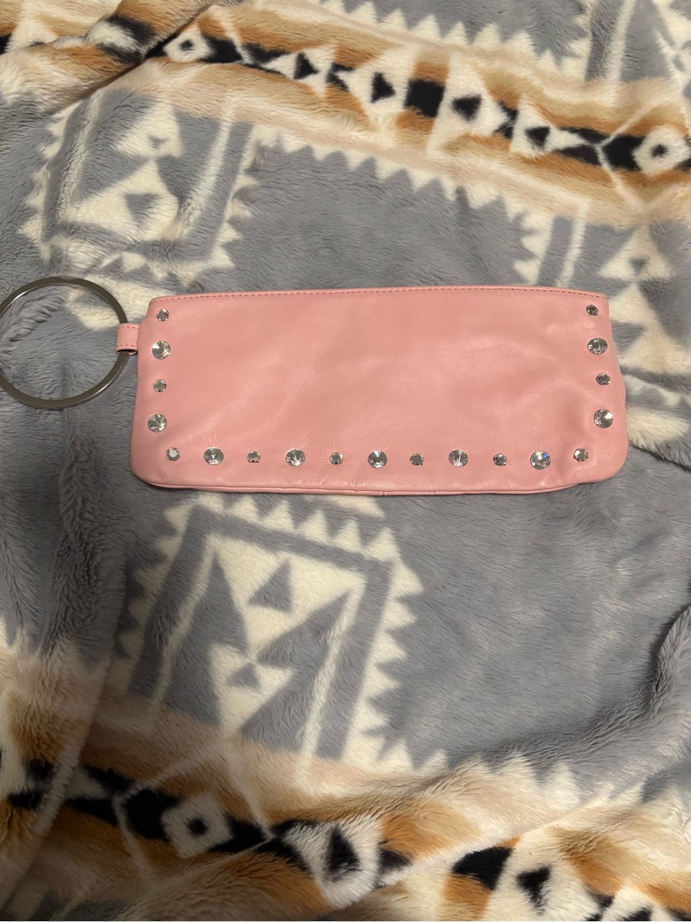 Wilsons Leather Pink Studded Wristlet Clutch with Metal Ring